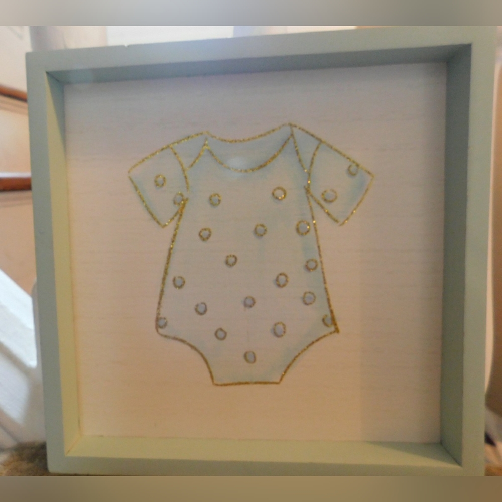 Nursery Wall Art - Romper Design w/attached Wooden Frame NWT - Blue